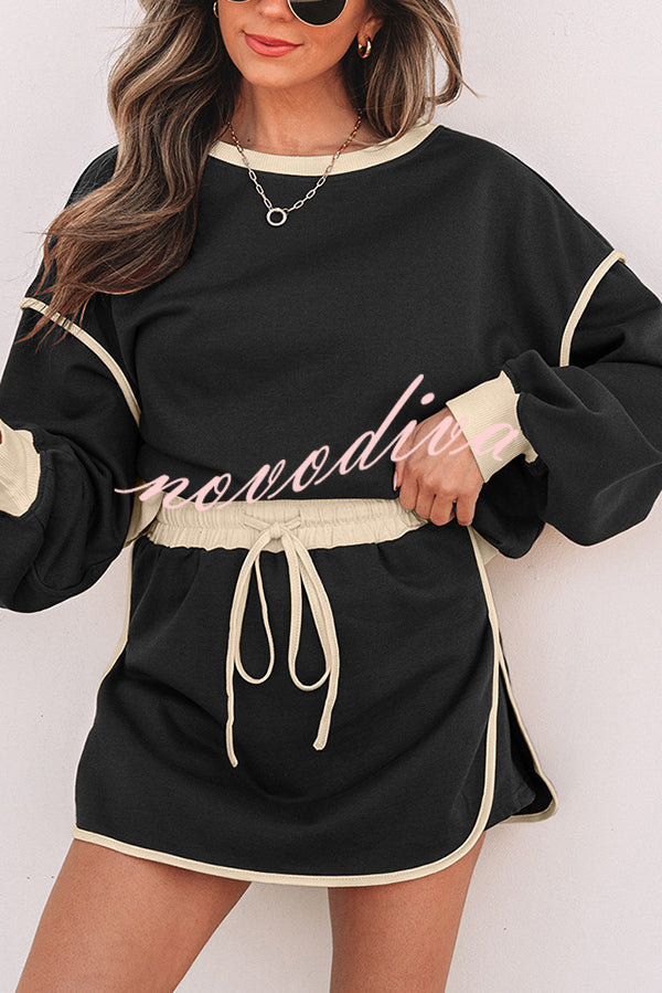 Fashion Round Neck Long Sleeve Spliced Casual Top and Elastic Waist Loose Shorts Set