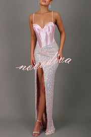 All about Glam Satin Corset Sequin Twist High Leg Split Maxi Dress