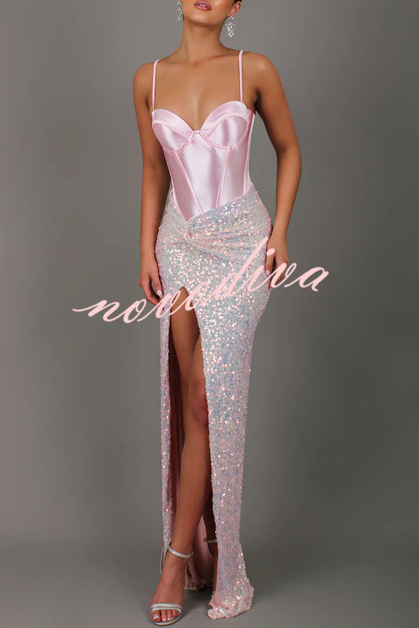 All about Glam Satin Corset Sequin Twist High Leg Split Maxi Dress