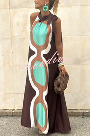 Unique Print Sleeveless Halter Neck Loose Holiday Maxi Dress