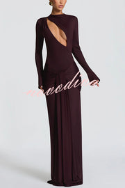 Sexy Cutout Fitted Long-sleeved Pleated Satin Ribbon Maxi Dresses