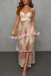 Romantic and Elegant Mesh Floral Back Smocked Tiered Ruffle Maxi Dress