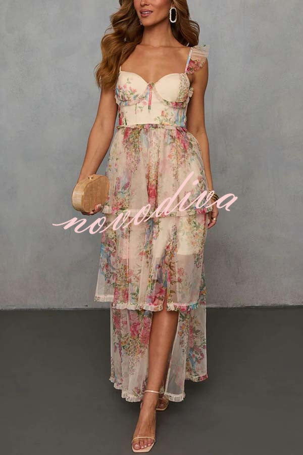Romantic and Elegant Mesh Floral Back Smocked Tiered Ruffle Maxi Dress