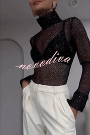 Shimmering Twilight Sequin Turtleneck Long Slit Sleeve H-line Blouse