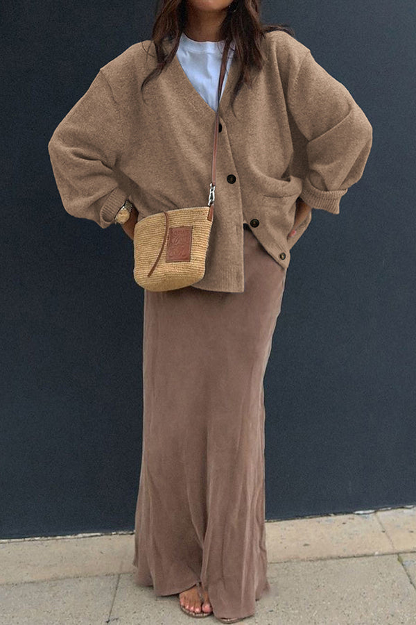 Solid Color V-Neck Button Casual Pocket Knit Cardigan