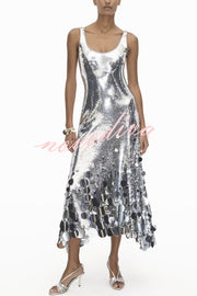 Party Tips Sequin Irregular Round Tassels Hem Back Cutout Tank Maxi Dress