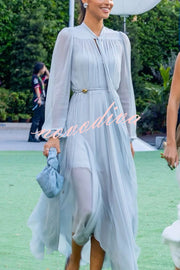 Elegant and Graceful Tie-up Neck Long Balloon Sleeve Handkerchief Midi Dress