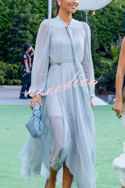 Elegant and Graceful Tie-up Neck Long Balloon Sleeve Handkerchief Midi Dress