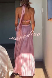 Stunning Choice Satin Pleated Halter High Neck Cutout Waist Backless Maxi Dress