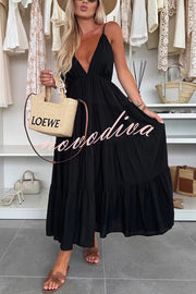 Bohemian Style V-neck Backless Slip Layered Vacation Maxi Dress