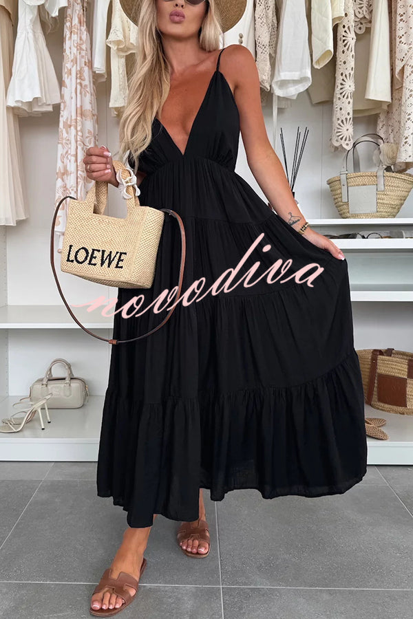 Bohemian Style V-neck Backless Slip Layered Vacation Maxi Dress