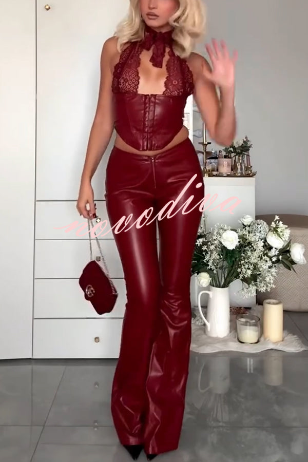 Style Challenge Stretch Faux Leather Lace Halter Tank and Zipper Waist Flare Pants Set