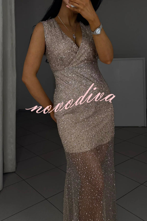 Olivia See-through Mesh Sequin Fabric Warp V-neck Party Maxi Dress