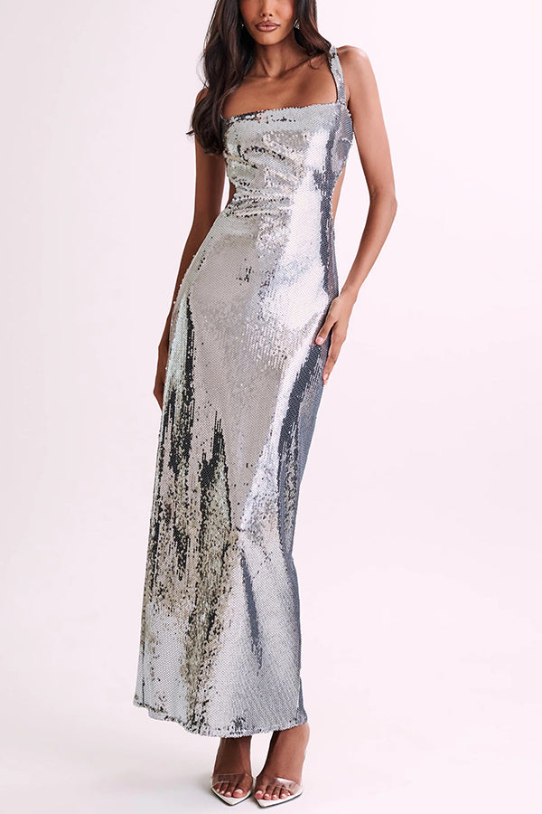 Eye Catching Sequin Cutout Waist Wide Strap Bacakless Maxi Dress