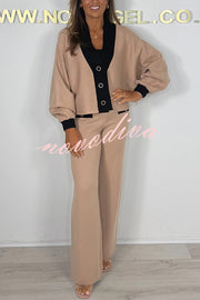 Fashion Contrast Color V-neck Loose Cardigan and Elastic Waist Casual Pants Set