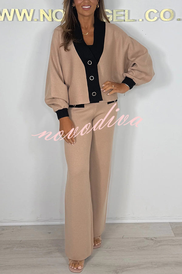 Fashion Contrast Color V-neck Loose Cardigan and Elastic Waist Casual Pants Set