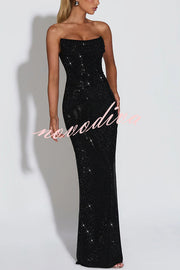 Mirabella Sequin Pleated Cowl Scooped Neckline Back Lace-up Strapless Maxi Dress