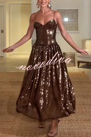 Enchanted Night Sequin Low-cut Corset Balloon Hem Slip Midi Dress