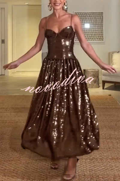 Enchanted Night Sequin Low-cut Corset Balloon Hem Slip Midi Dress