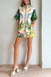 Holidays of Heaven Linen Blend Special Unique Printed Blouse and Elastic Waist Pocketed Shorts Set