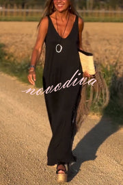 Solid Color V-neck Sleeveless Casual Loose Maxi Dress