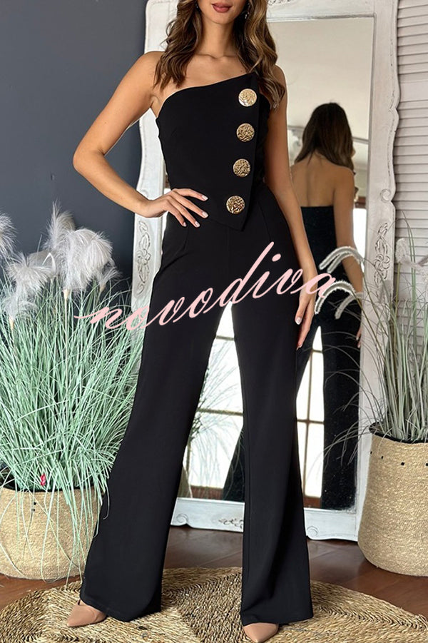 Solid Color Sexy Tube Top Gold Button Embellished Bootcut Jumpsuit