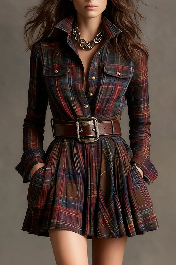 Plaid Print Lapel Long Sleeve Fitted Waist Pocket Casual Mini Dress