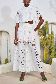 Redefining Elegance Floral Lace Cropped Shirt and Belt Pocketed Wide Leg Pants Set