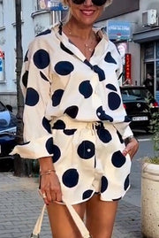 Giselle Linen Blend Polka Dot Print Lapel Long Sleeve Shirt and Elastic Waist Pocket Shorts Set