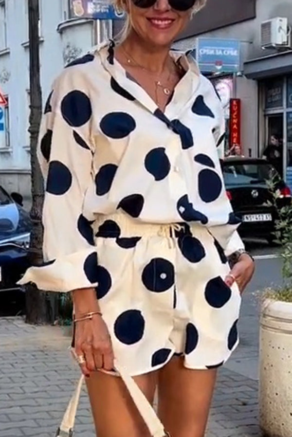 Giselle Linen Blend Polka Dot Print Lapel Long Sleeve Shirt and Elastic Waist Pocket Shorts Set