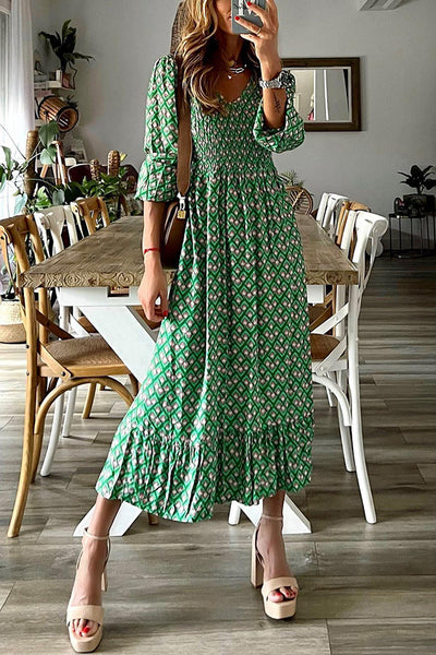 Kennan Ethnic Print Smocked Bust Long Sleeve Relaxed Midi Dress