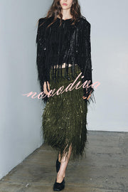 Stylish Sequined Tassel Elegant Midi Skirt