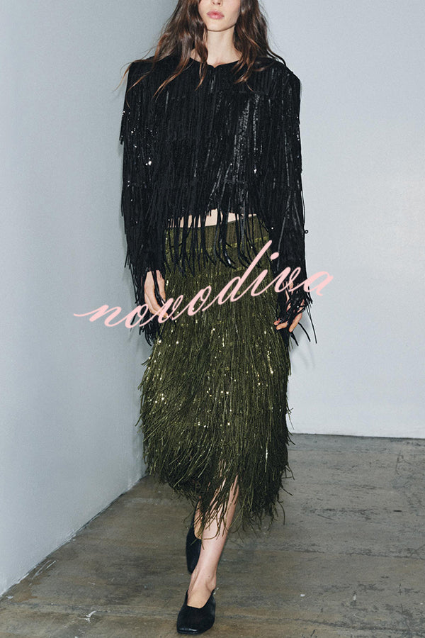 Stylish Sequined Tassel Elegant Midi Skirt