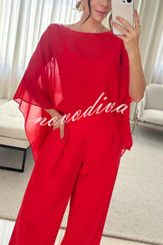 Vanie Chiffon Cape Batwing Sleeve Top and High Waist Pocket Wide Leg Pants Set