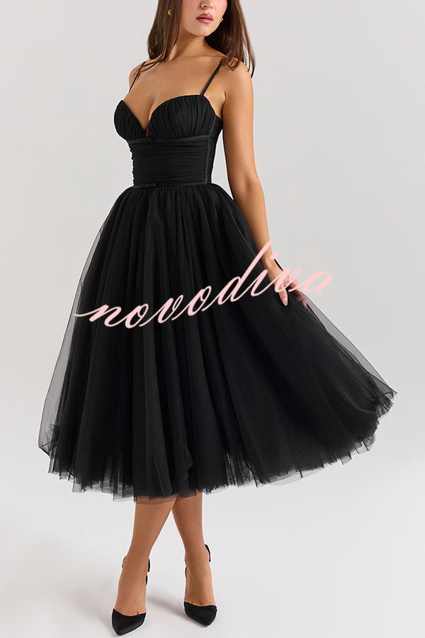 Royal Treatment Tulle Bows Detail Ruched Slip Midi Dress