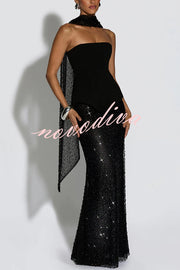 Oakley Corset Strapless Top and Sequin High Rise Maxi Skirt Scarf Set