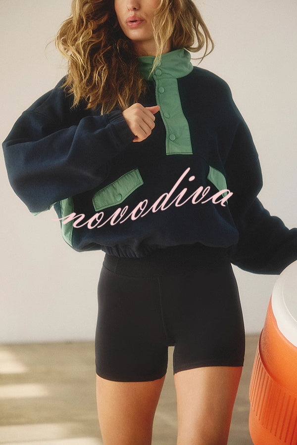Fashion Contrast Color Stitching Stand Collar Long Sleeve Top and Elastic Waist Loose Pocket Shorts Set