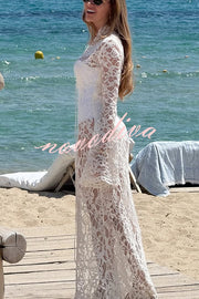 Garcelle Floral Lace Lace-up Long Bell Sleeve Slit Midi Dress