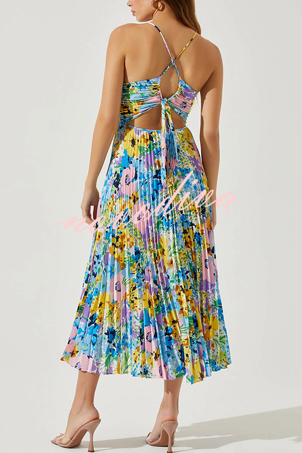 Wedding Party Season Floral Print Pleated Back Tie-up Midi Dress