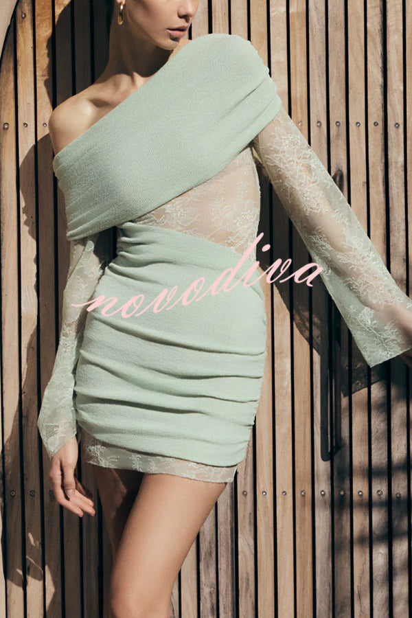 Fashion Lace Panel Long Sleeve Slim Fit Knit Mini Dress