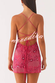 Looking Amazing Sequin Beaded Material Back Lace-up Cami Mini Dress