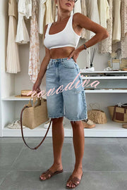 Fashion Denim Pocket Frayed Bermuda Shorts