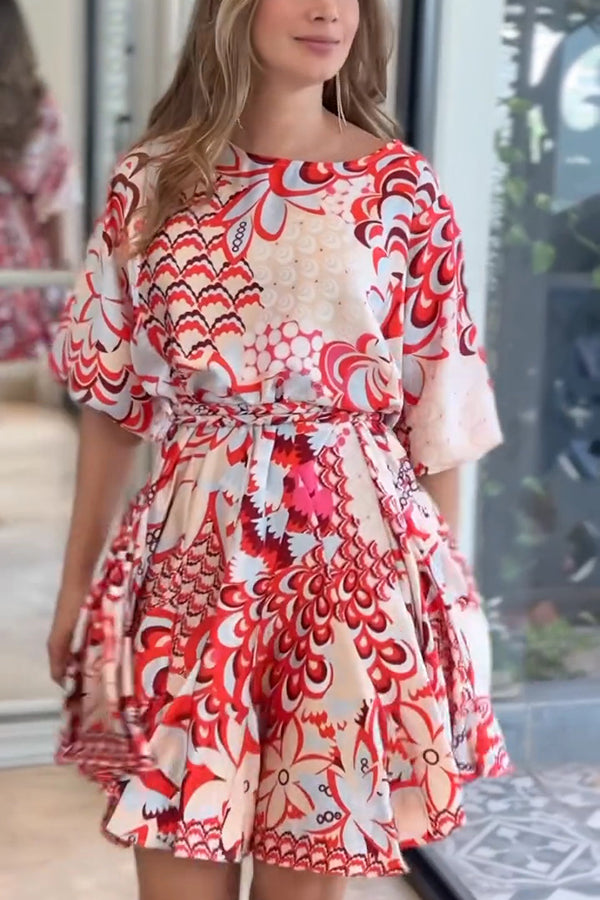 Unique Printed Round Neck Short Sleeve Waist Tie Vacation Mini Dress