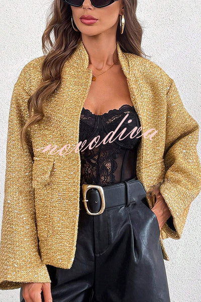 Fashion Sequin Long Sleeve Casual Pocket Loose Jacket