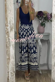 Unique Print Elastic Waist Loose Pocket Holiday Wide Leg Pants