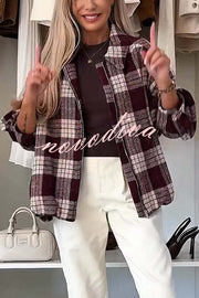 Fashion Plaid Print Lapel Long Sleeve Loose Zipper Jacket