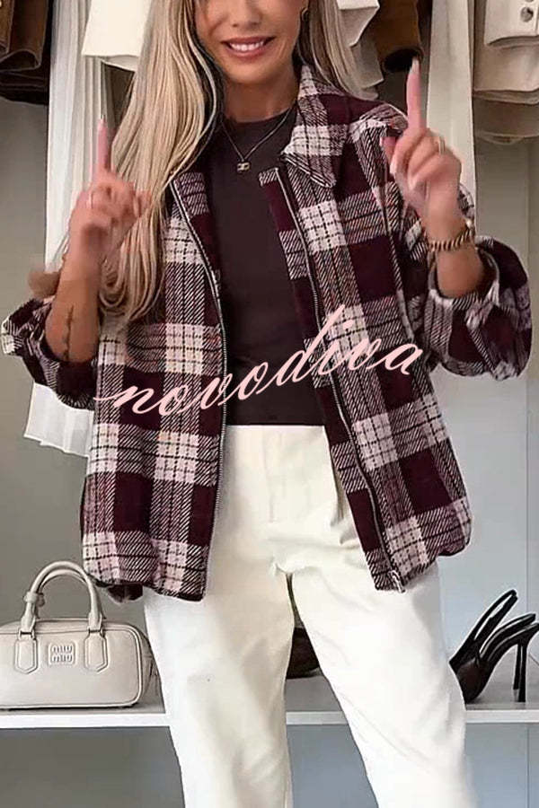 Fashion Plaid Print Lapel Long Sleeve Loose Zipper Jacket