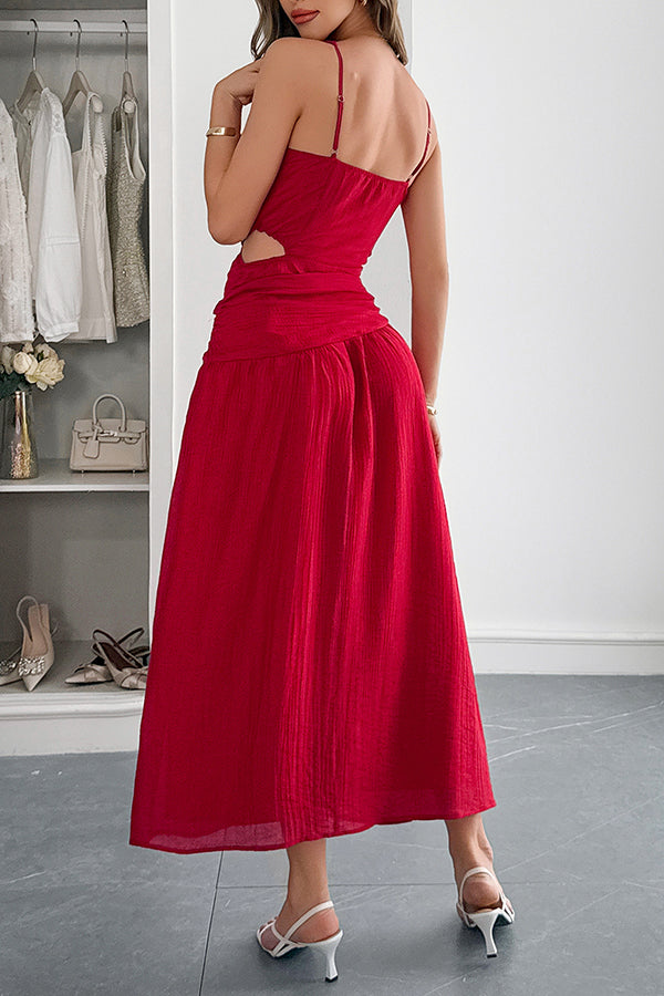 Solid Color V-neck Sleeveless Waist Hollow Out Maxi Dress