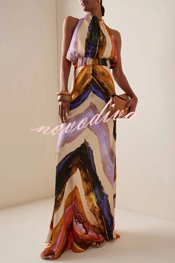 Unique Print Sleeveless Stretch Stand Collar Top and Elegant Maxi Skirt Set