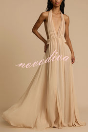 Ethereal Moment Tulle Cutout Ruched Waist Backless Halter Maxi Dress